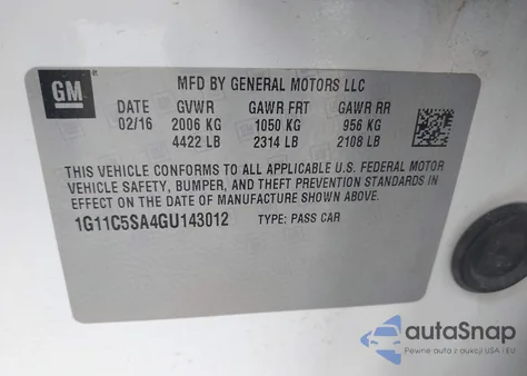 2016 Chevrolet Malibu Limited Lt z USA, uszkodzony, nr VIN 1G11C5SA4GU143012